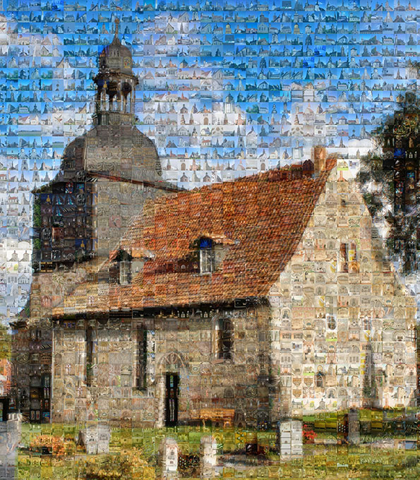 St. Maria Magdalena zu Griesheim (Thüringen) als Foto-Collage aus Kirchen, die die KiBa gefördert hat