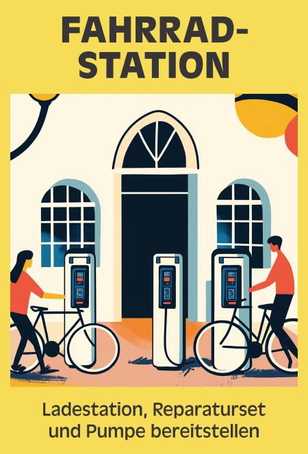 FAHRRADSTATION: Ladestation, Reparaturset und Pumpe bereitstellen